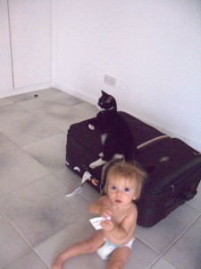 Baby, cat and one of the 12 bags