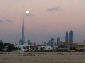 Sunset on the beach with the Burj Khalifa behind us