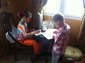 Writing diaries at the Jibreen Hotel, Oman, en route to Jebel Akhdar