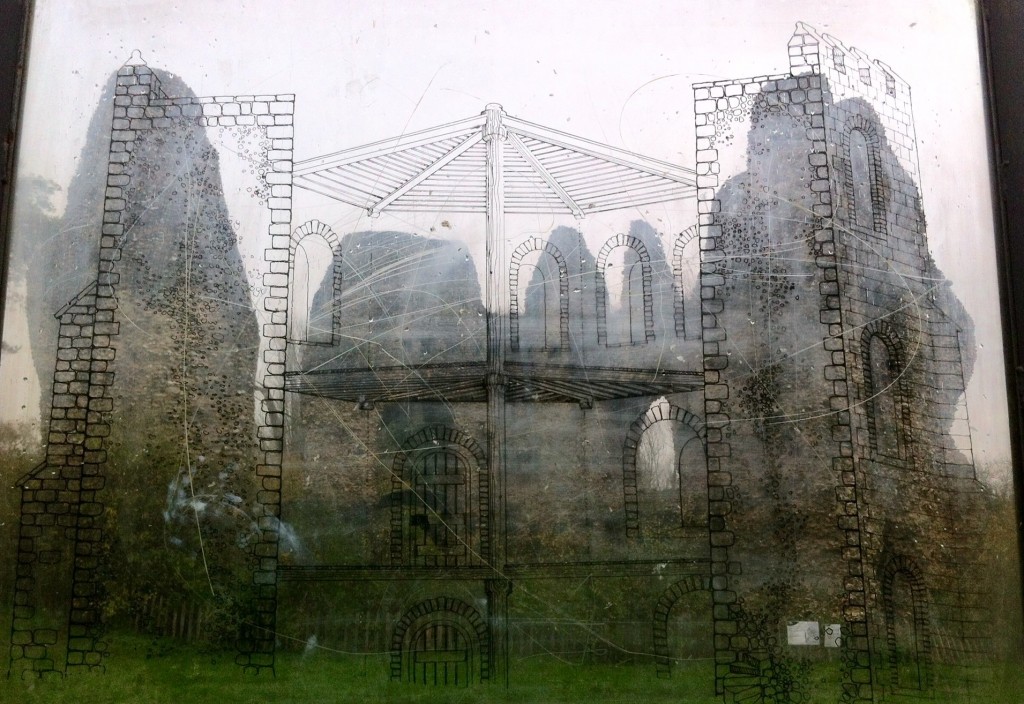 Artist's impression of how the castle originally looked with what remains today in the background