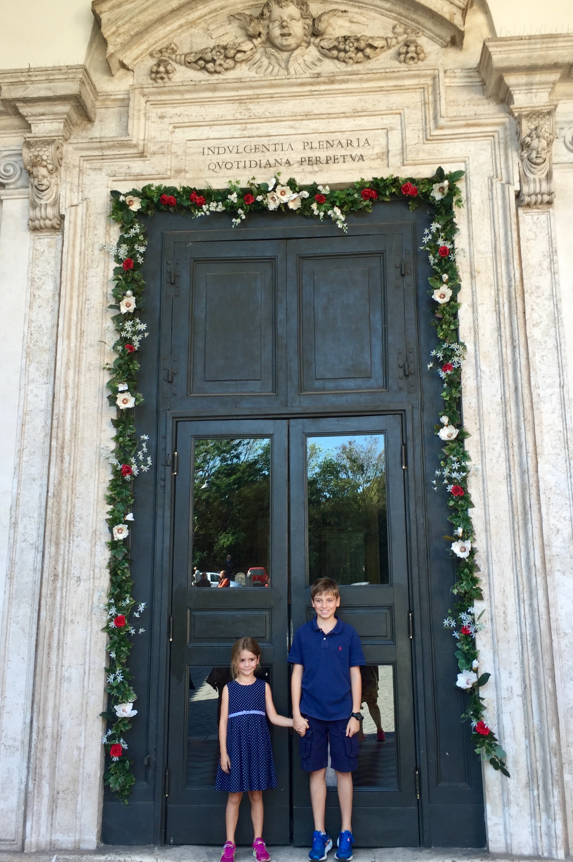 Outside the impressive doors of Basilica San Sebastián